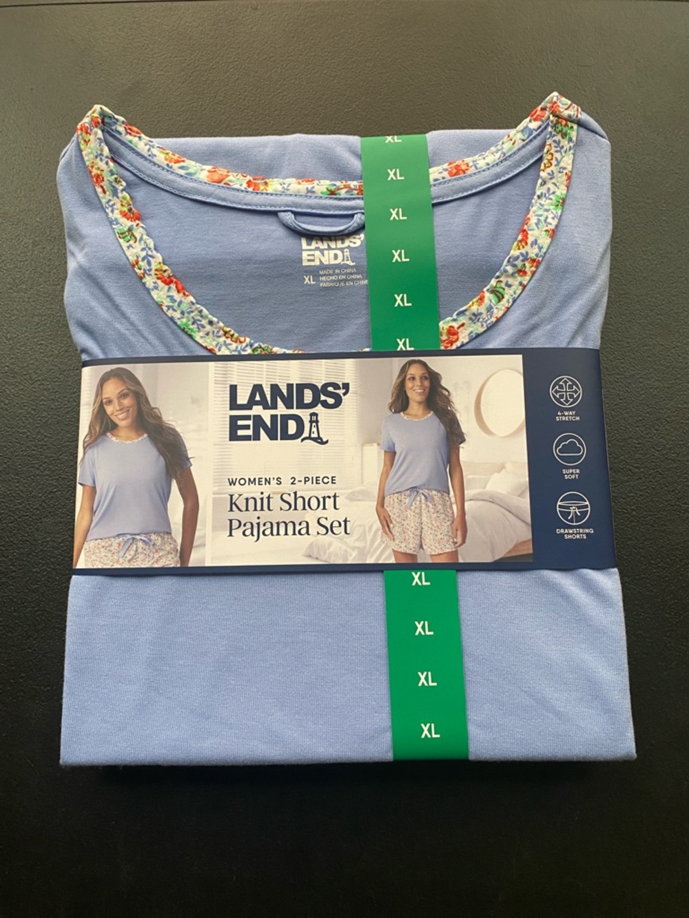 NWT Lands' End Light Blue Women's Short Sleeve Knit Pajama Set with Floral Trim